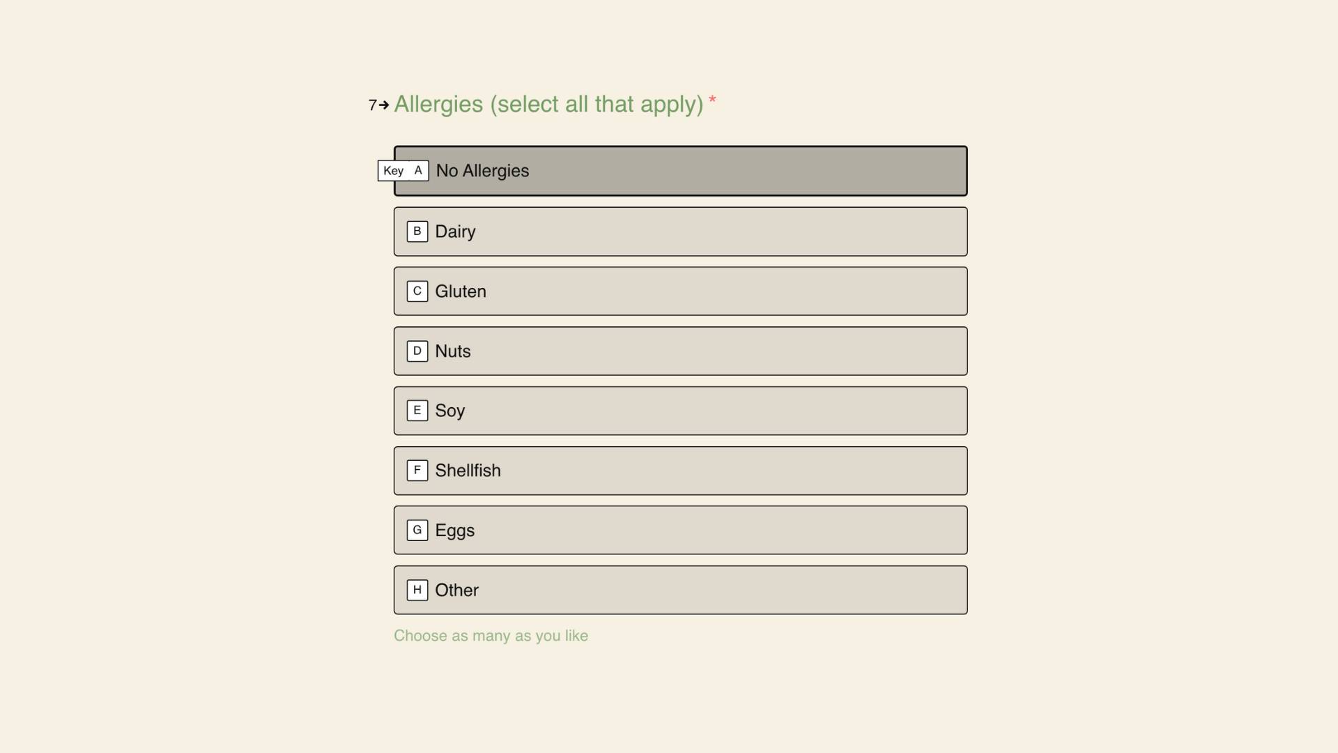 A checklist form for the easy eats meal plan project, asking about allergies with options for no allergies, dairy, gluten, nuts, soy, shellfish, eggs, and other.