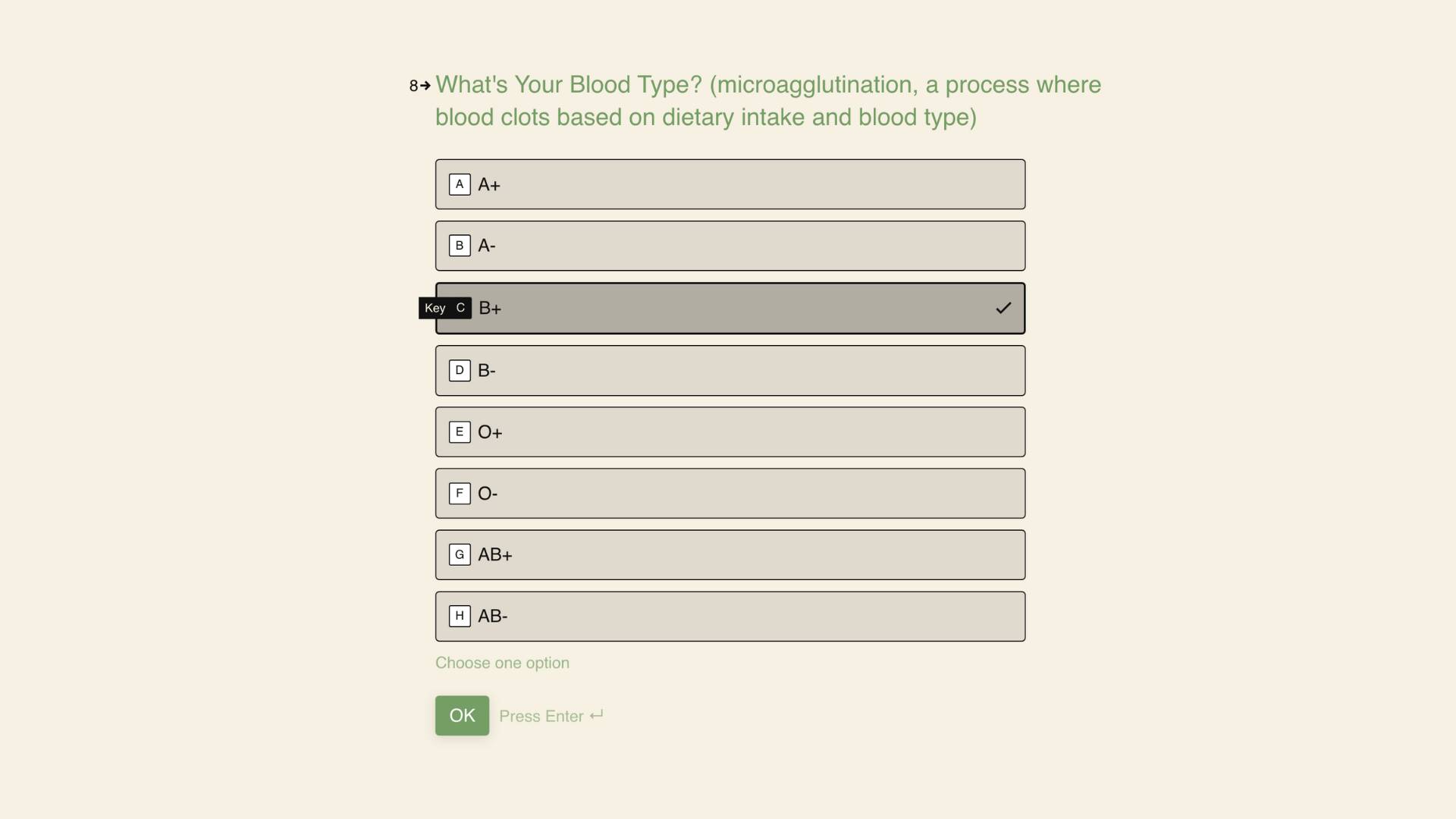 A multiple-choice form question asks "What's Your Blood Type?" with options; "B+" is selected. Perfect for tracking health in the Easy Eats Meal Plan project. An "OK" button appears at the bottom.