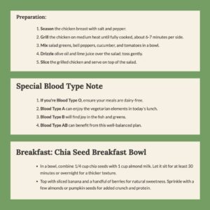 Recipe instructions for grilled chicken breast salad, with a special note on adjusting for different blood types, and steps to prepare a chia seed breakfast bowl—nourishing recipes designed to help you build your own circle of security through healthy meals.