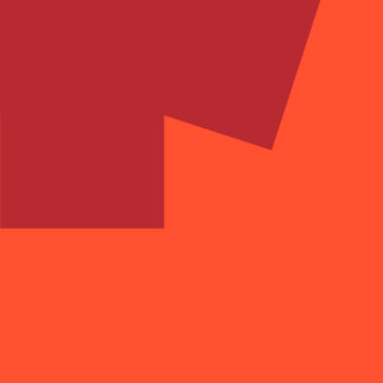 A large dark red geometric shape with sharp angles overlaps an orange background.