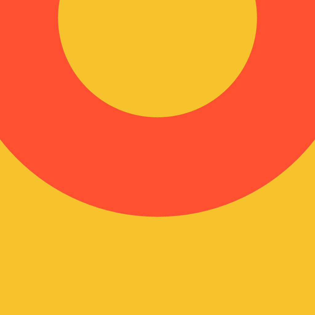 A large red-orange semicircle overlays a yellow background, with the upper portion forming a circular arc near the top center—a bold composition ideal for a creative design consultant's visual identity.