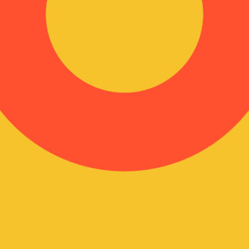 A large red-orange semicircle overlays a yellow background, with the upper portion forming a circular arc near the top center—a bold composition ideal for a creative design consultant's visual identity.