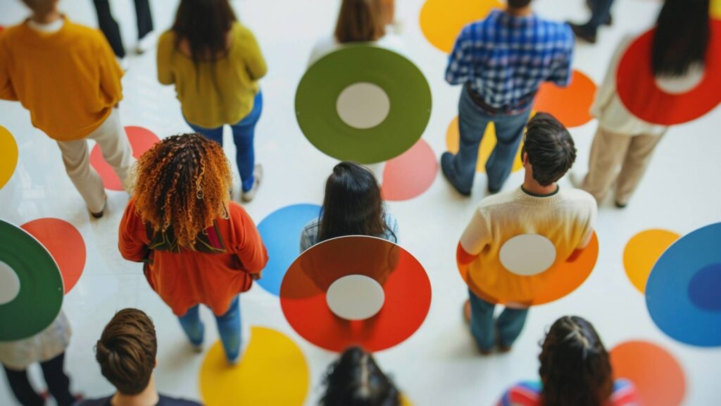 A group of people stand on a white floor with large, colorful circles, viewed from above. Some individuals wear or hold circular objects matching the floor patterns, creating a vibrant scene designed to make brand memorable.