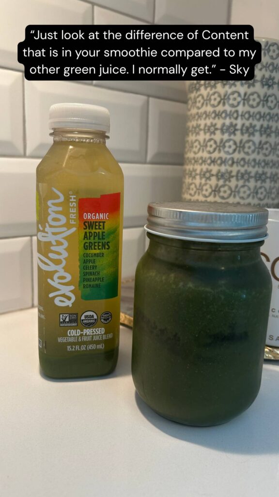 A bottled green juice and a mason jar filled with a darker green morning smoothie are placed side by side on a kitchen counter.