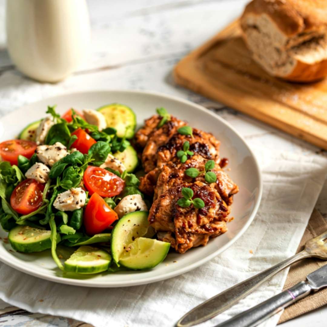 A plate with grilled chicken and a fresh salad of tomatoes, cucumber, greens, and mozzarella makes for perfect easy eats, served alongside a loaf of bread and a bottle of milk on a wooden table.