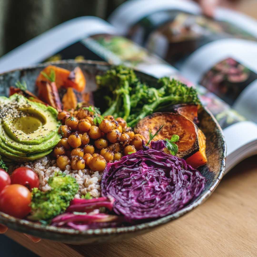 A bowl of assorted vegetables, chickpeas, avocado, and grains sits on a table with an open cookbook in the background—perfect inspiration for easy eats.