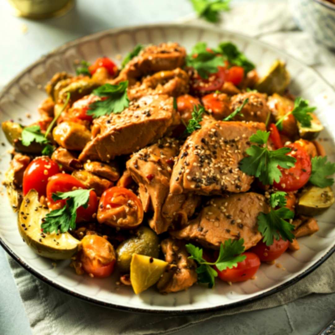 A plate of cooked tuna chunks with cherry tomatoes, olives, zucchini, parsley, and sesame seeds is arranged on a white dish—perfect for easy eats.