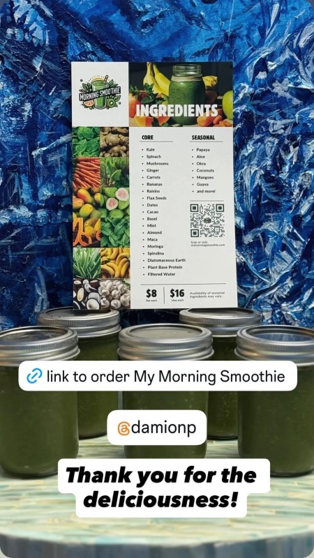 Four jars of morning smoothie sit before a sign listing ingredients and ordering info, set against a textured blue background.