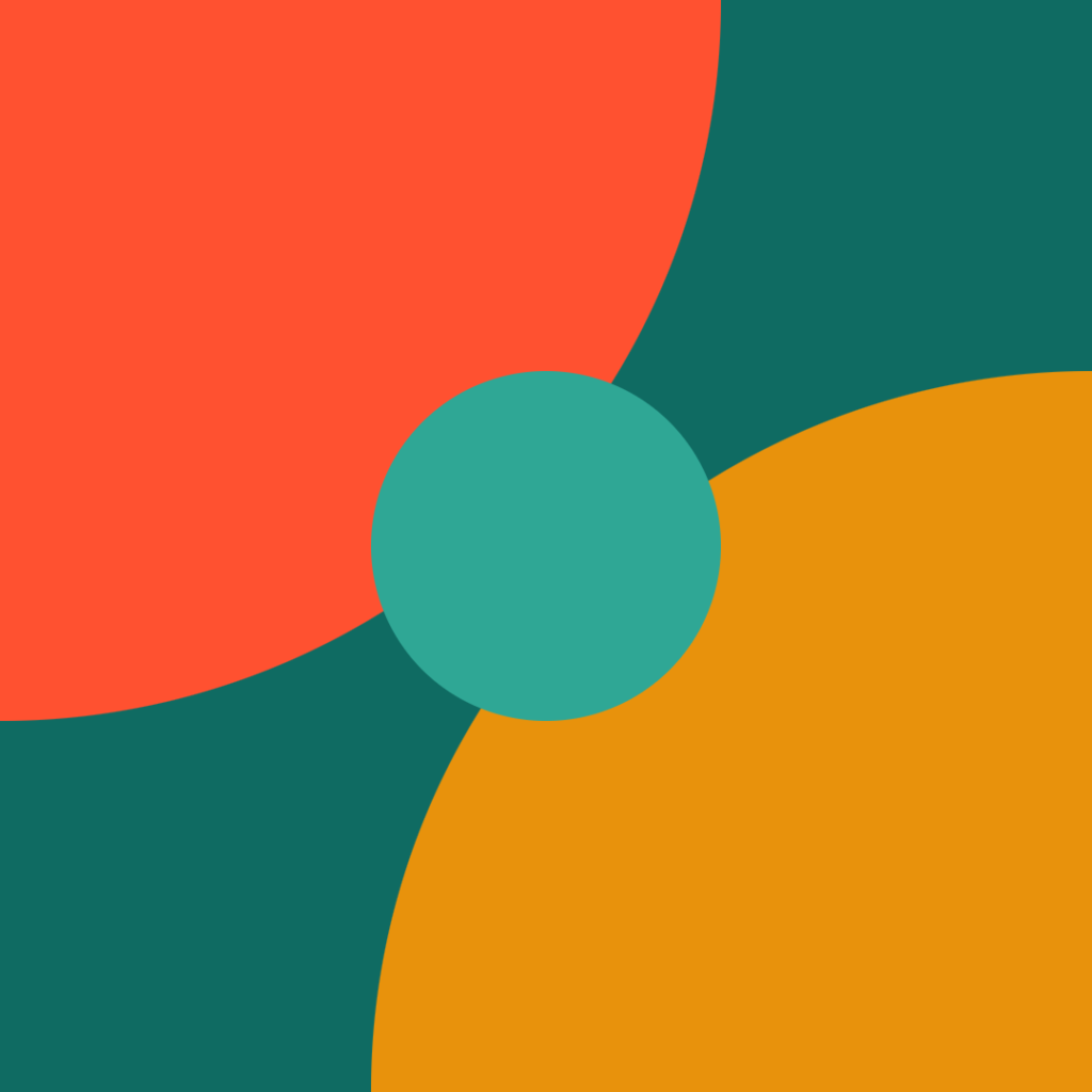 A teal circle overlaps with a large orange circle and a large red-orange semicircle, all set against a teal background—illustrating the perfect harmony of three automations to start with.
