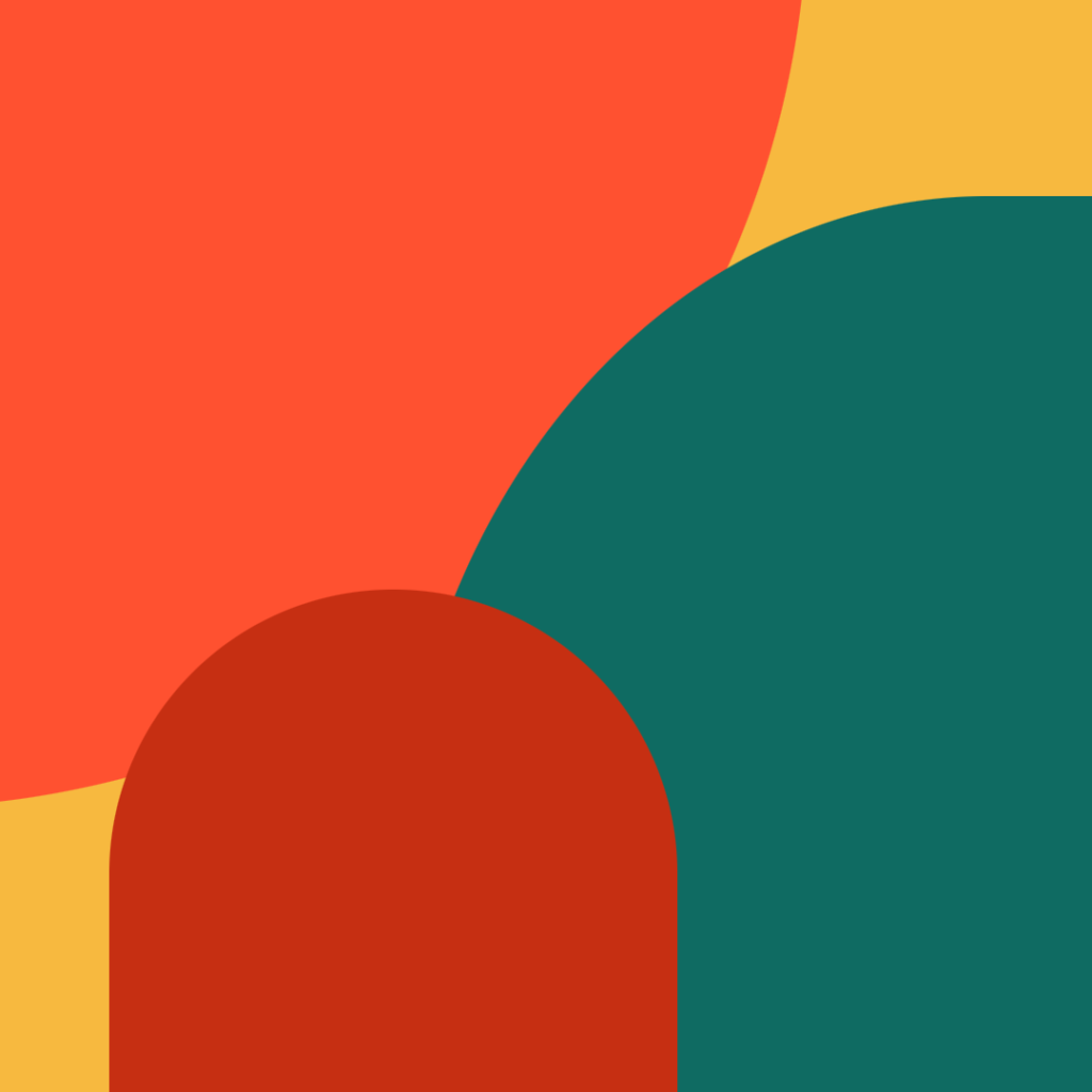 Abstract image with overlapping shapes in orange, yellow, red, and teal, featuring large curved and rounded forms against a solid yellow background—an expressive composition that evokes the momentum of three automations to start with.
