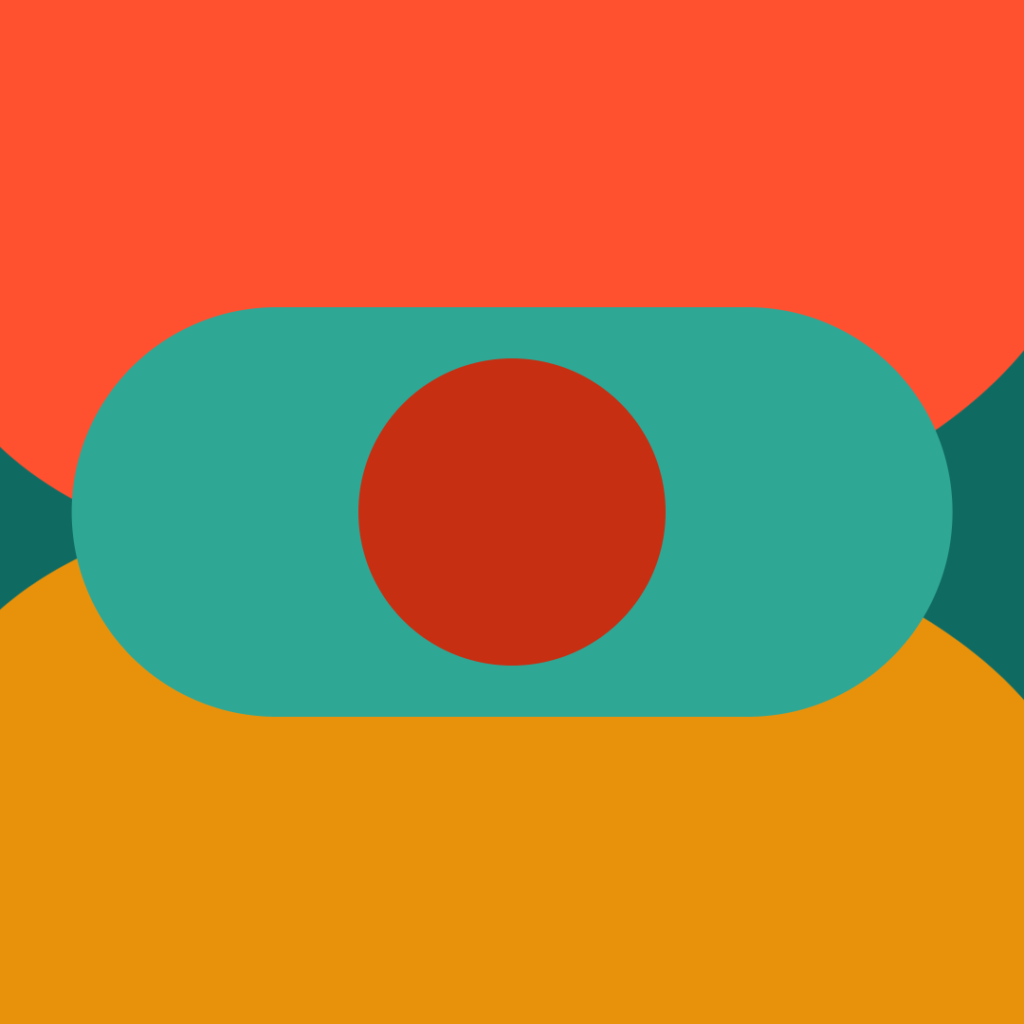 Abstract geometric image with teal ovals, a red circle in the center, an orange semi-circle at the bottom, and a red area at the top against a teal background.