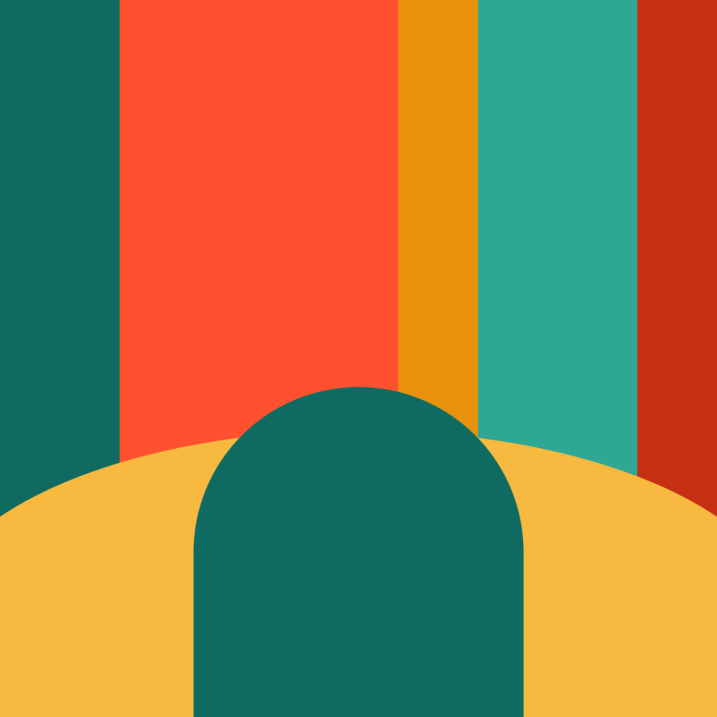 Geometric shapes with vertical stripes in teal, orange, yellow, and red, and a large yellow semicircle with a teal arch in the foreground.