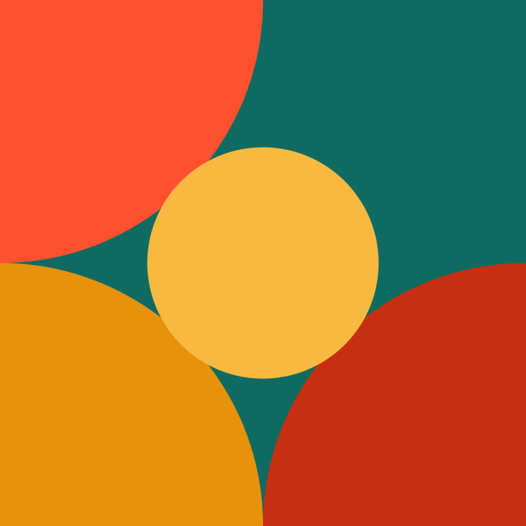 Abstract image with a yellow circle centered on a teal background, bordered by large orange and red semicircles on opposite corners.