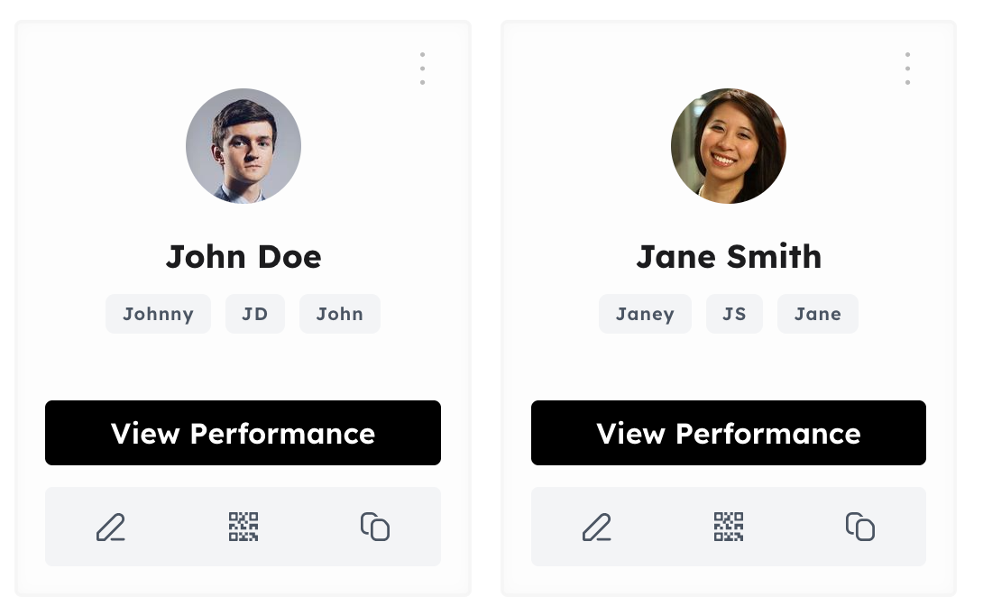 Employee cards with personal review QR codes and performance tracking