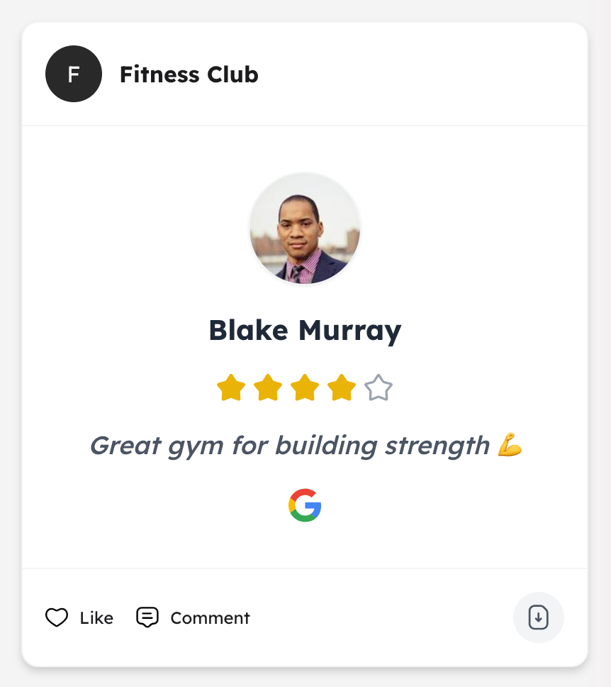 Auto-generated social post of a four-star Google review for a fitness club