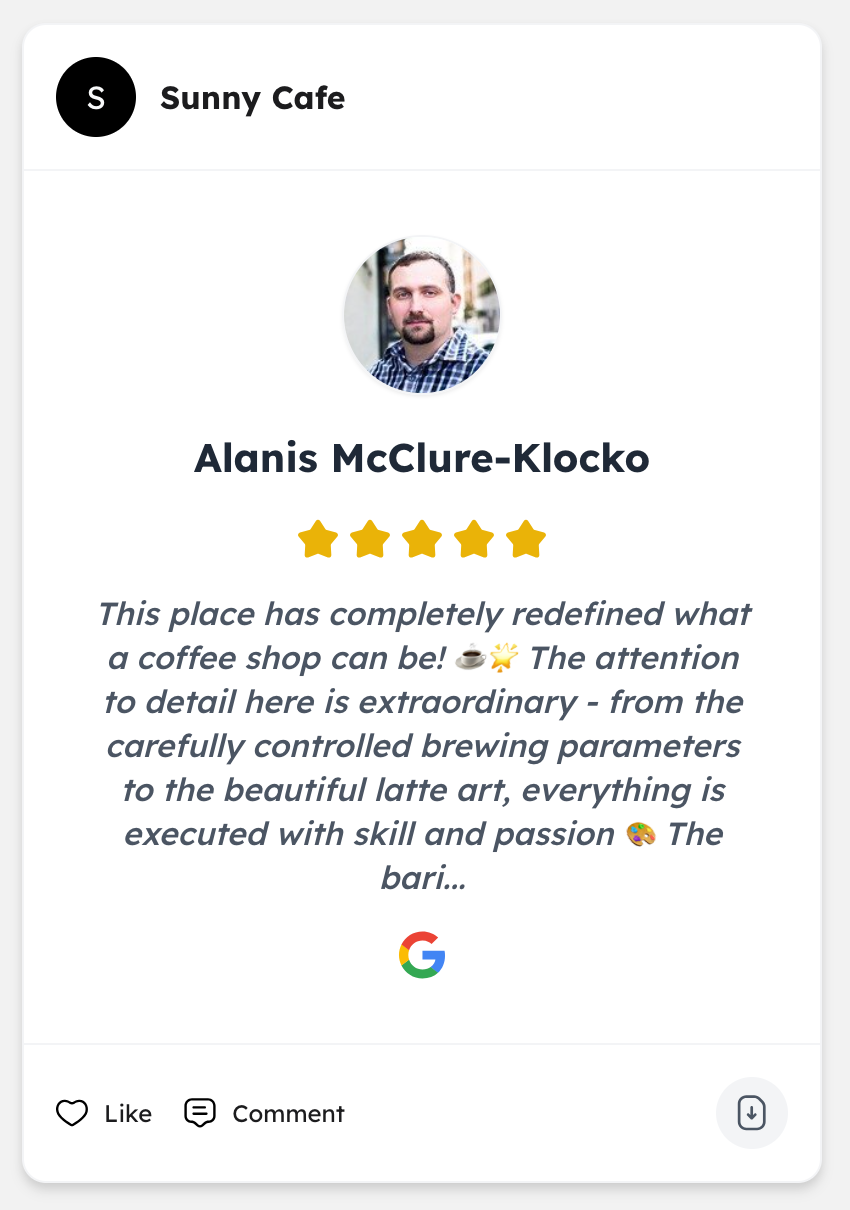 Auto-generated social post of a five-star Google review for a local cafe