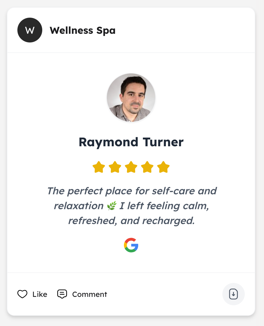 Auto-generated social post of a five-star Google review for a wellness spa