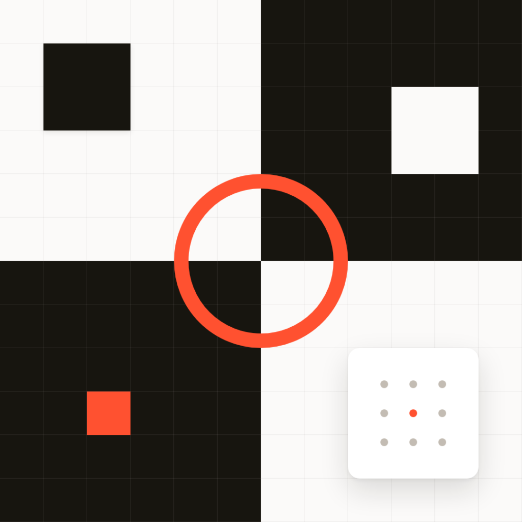 A black and white grid with colored squares, a large red circle in the center, and a small white panel with gray dots and one red dot in the lower right corner.