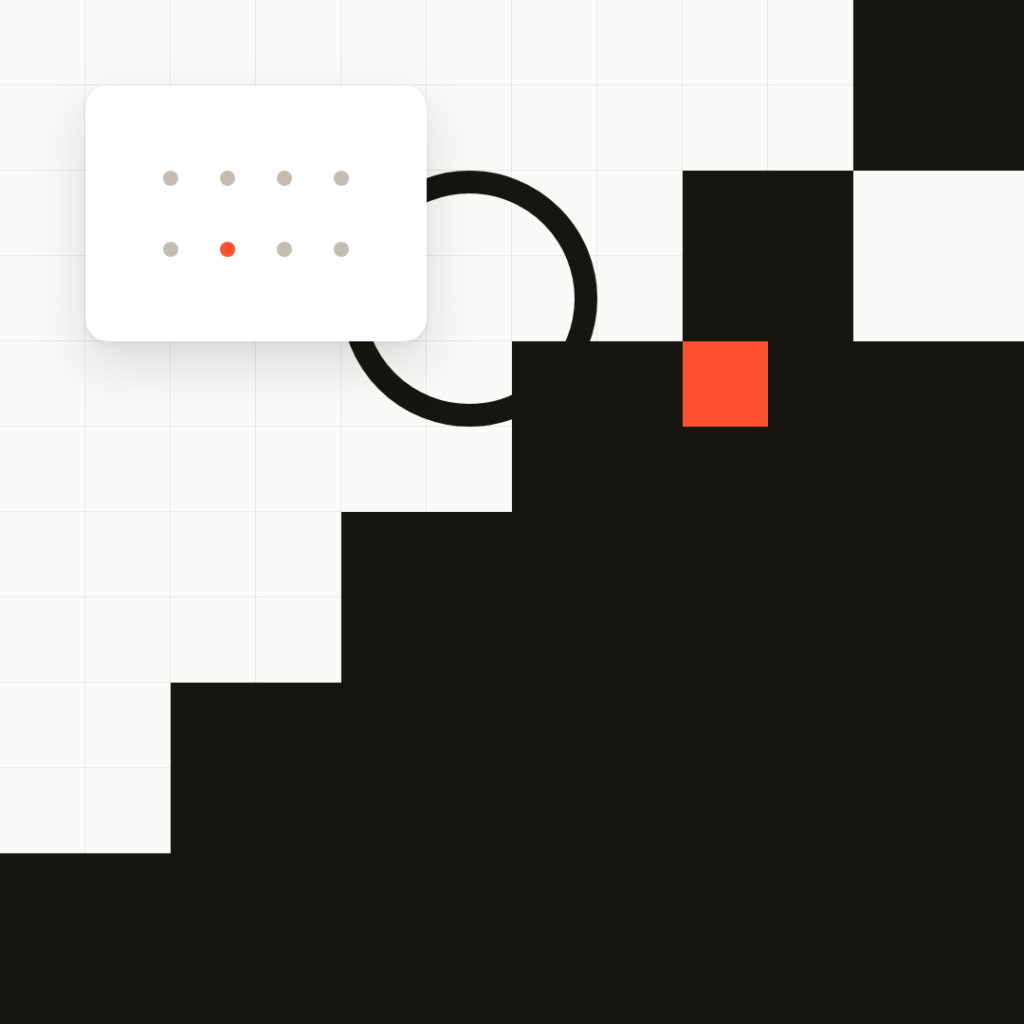 Abstract design with black stair-step shapes, a red square, a white rounded rectangle with gray and one red dot, and a black circle on a white grid background.