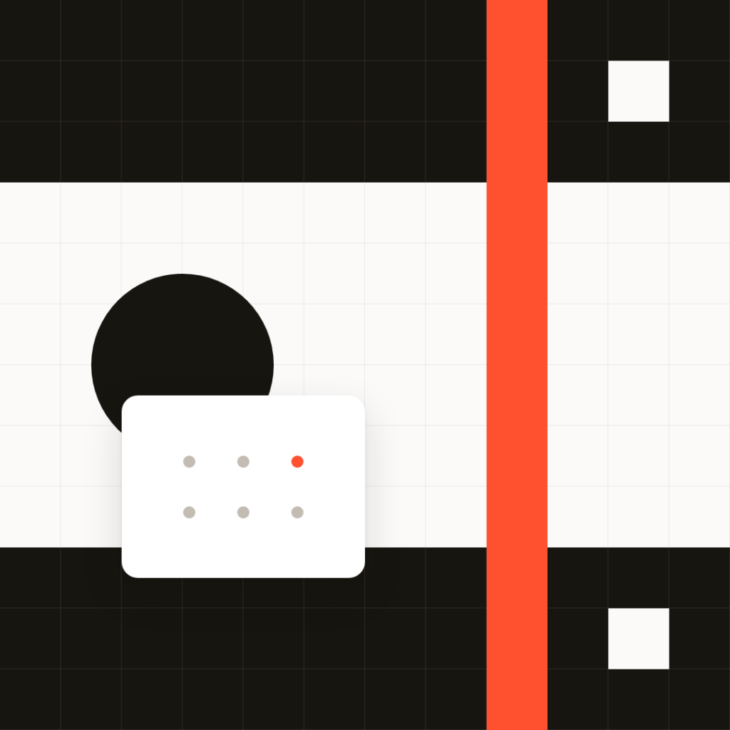 Abstract geometric design with black, white, and orange shapes, including grids, a large circle, squares, a vertical orange stripe, and a white rectangle with dots, one of which is orange.