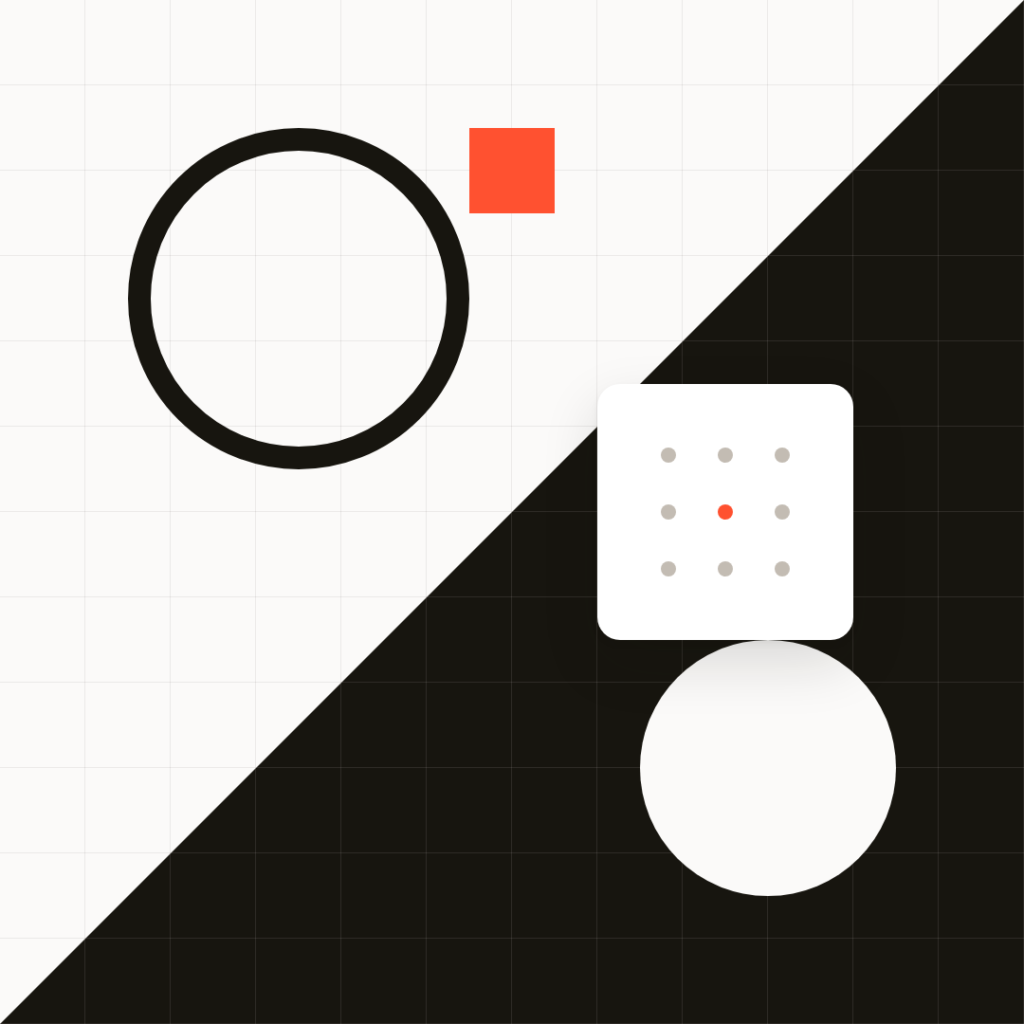 A geometric design with a large outlined circle, a small red square, a white rounded square with dots, and a solid white circle on a black-and-white diagonal background.