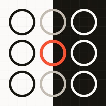 Nine outlined circles are arranged in a grid on a split black and white background; the center circle is orange, others are black, white, or gray depending on the background.