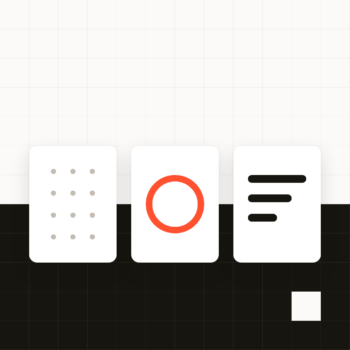 Three white cards on a black and white grid: one with nine dots, one with a red circle, and one with three black lines, each card placed side by side.
