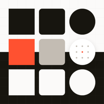 A grid of nine shapes, including squares and circles in black, red, gray, and white, with one circle featuring small dots and a central red dot.