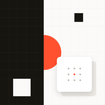 Abstract geometric design with black, white, and red shapes, including squares, a red semicircle, and a white grid-like panel with small dots, all set on a light grid background.