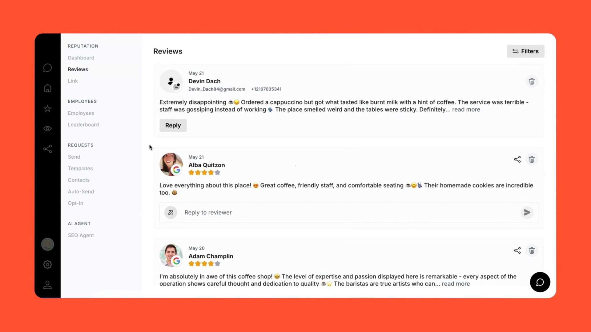 The Get Found dashboard's Reviews screen: new Google reviews in a list, each with a reply box underneath